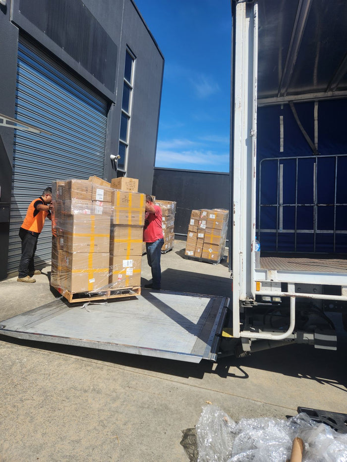 A pallet of stock coming off the truck at the warehouse, March 2024